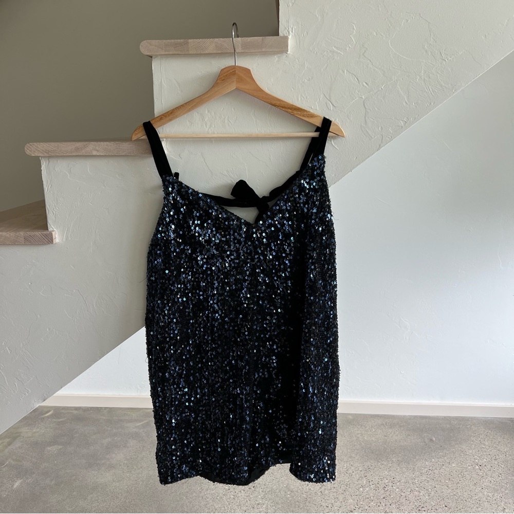 Free People Navy Sequin Velvet Bow Tie Back Dress